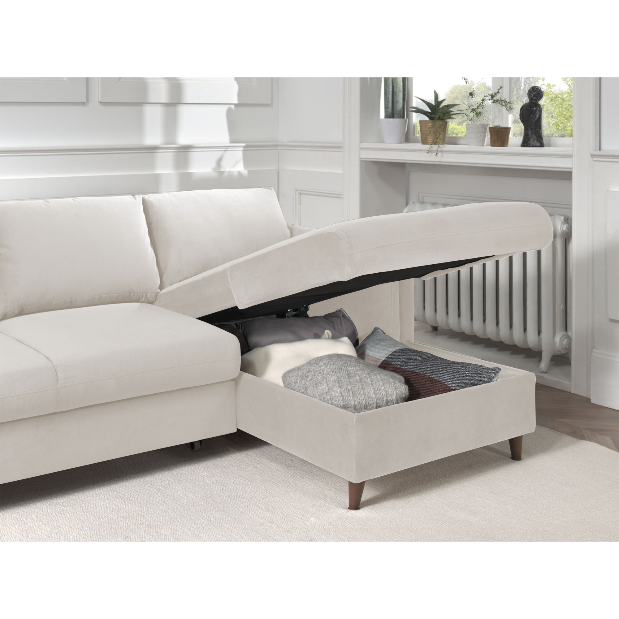 Brooke - canapé d'angle droit - convertible avec coffre - 4 places - en velours - Beige