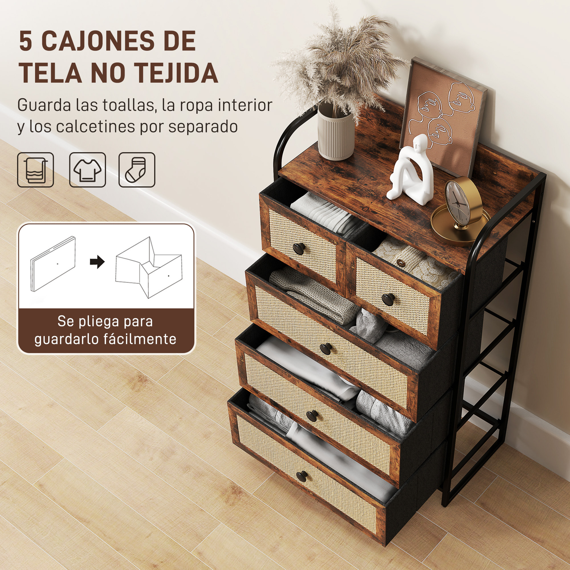 Cómoda para Dormitorio Cajonera de Tela con 5 Cajones Plegables con Frentes de Ratán y Marco de Acero Cajonera para Dormitorio Salón Marrón Rústico