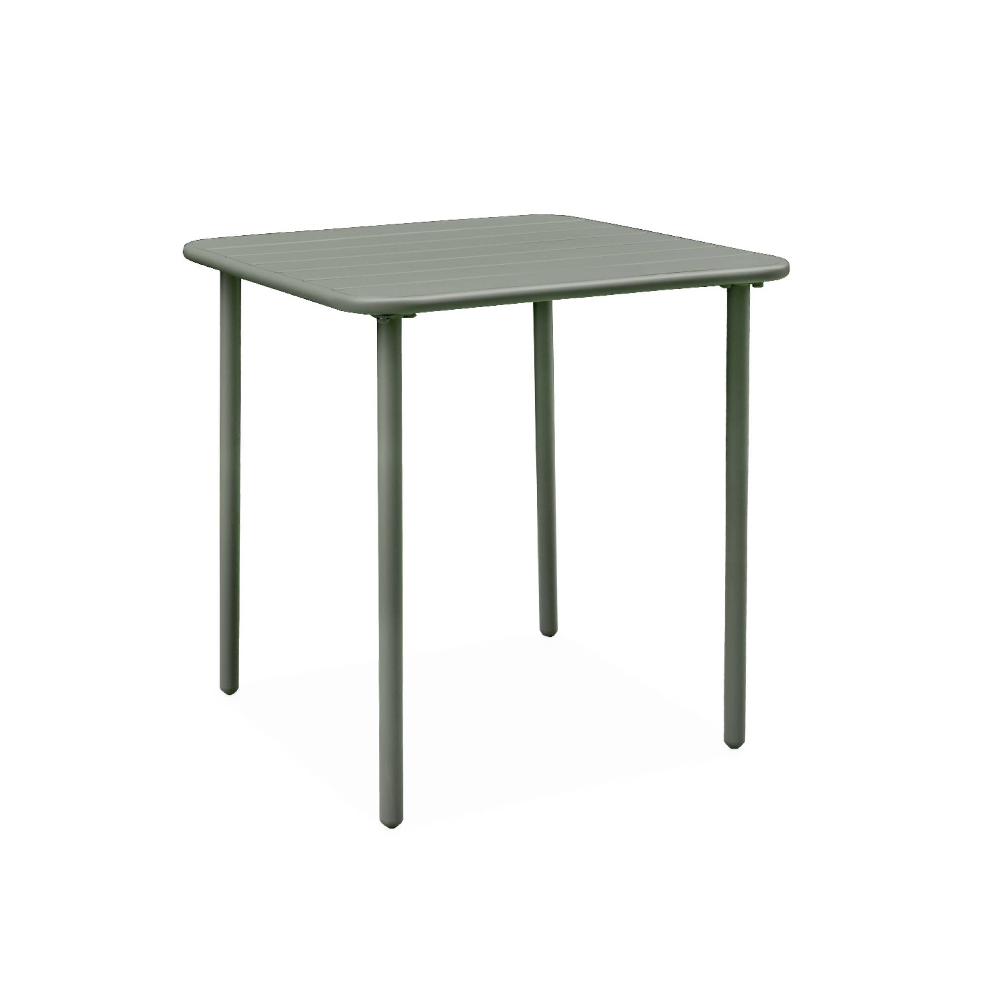Table de jardin métal + 2 assises kaki Amélia. lattes et bords arrondis. traitement antirouille