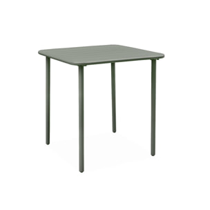 Table de jardin métal + 2 assises kaki Amélia. lattes et bords arrondis. traitement antirouille
