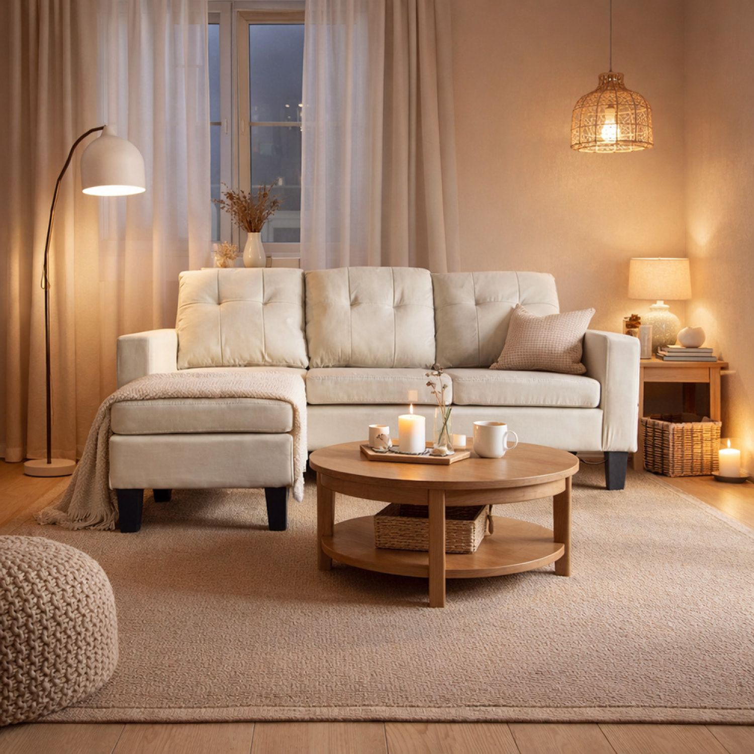 BRAY Canapé d'angle 3 places en tissu beige