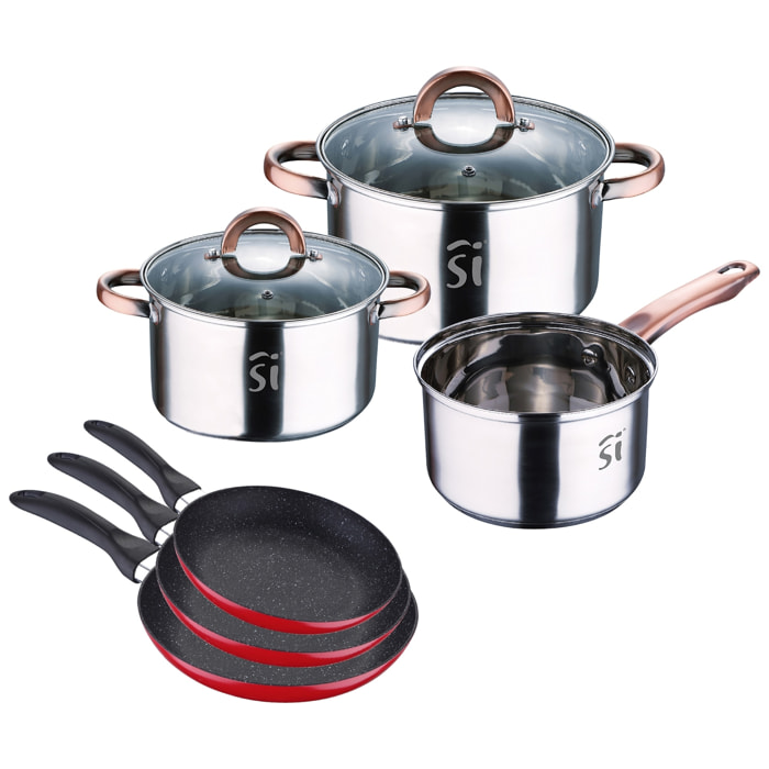 Set 8 pzs (batería de cocina onil 5 pzs + set 3 sartenes navy red & marble 16+20+24cm)