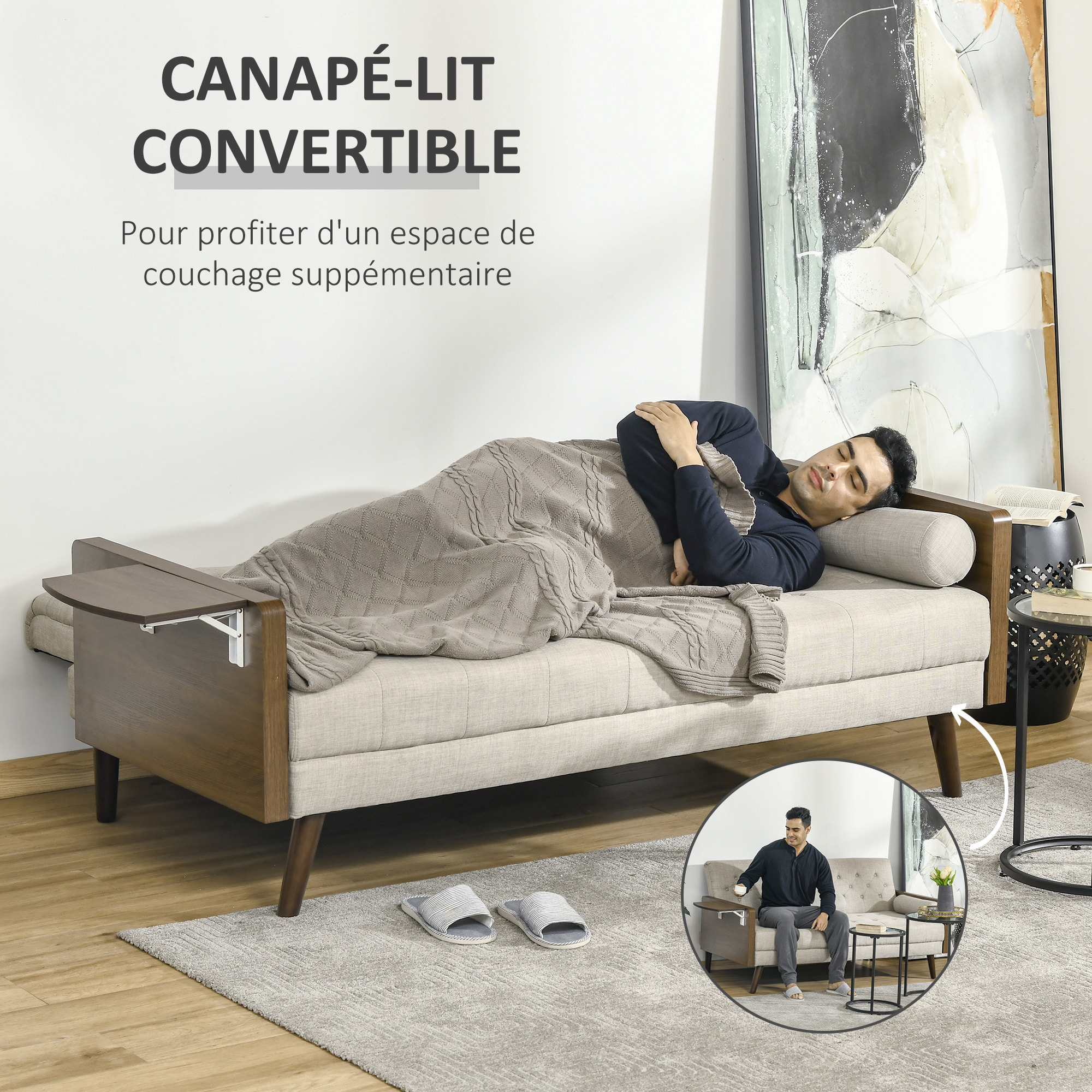 Canapé convertible 3 places design scandinave dossier inclinable 3 positions tablette rabattable 2 coussins inclus pieds effilés bois eucalyptus fumé tissu coton polyester aspect lin beige