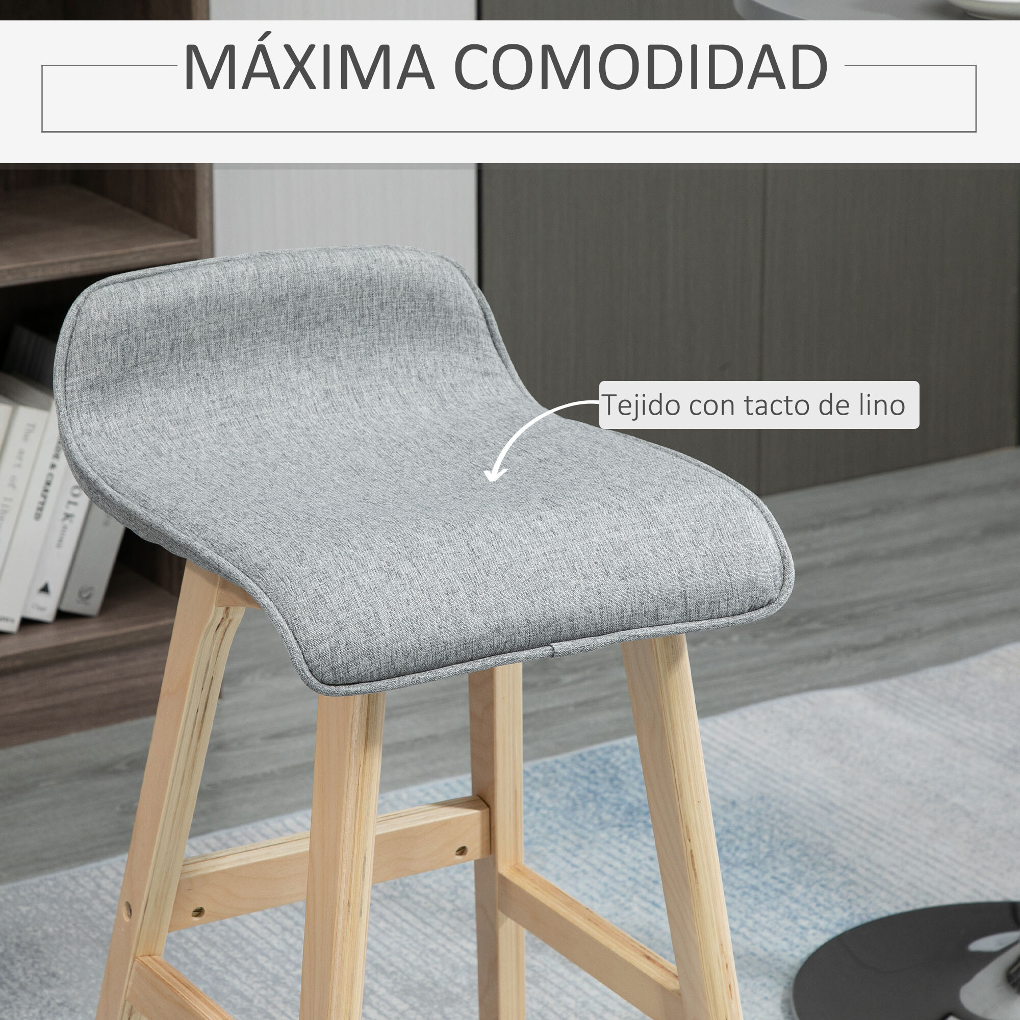 HOMCOM Juego de 2 Taburetes de Bar con Asiento 64 cm de Altura Tapizado en Lino Sintético Taburetes Altos de Cocina con Patas de Madera 40x41,5x75,5 cm Gris y Natural