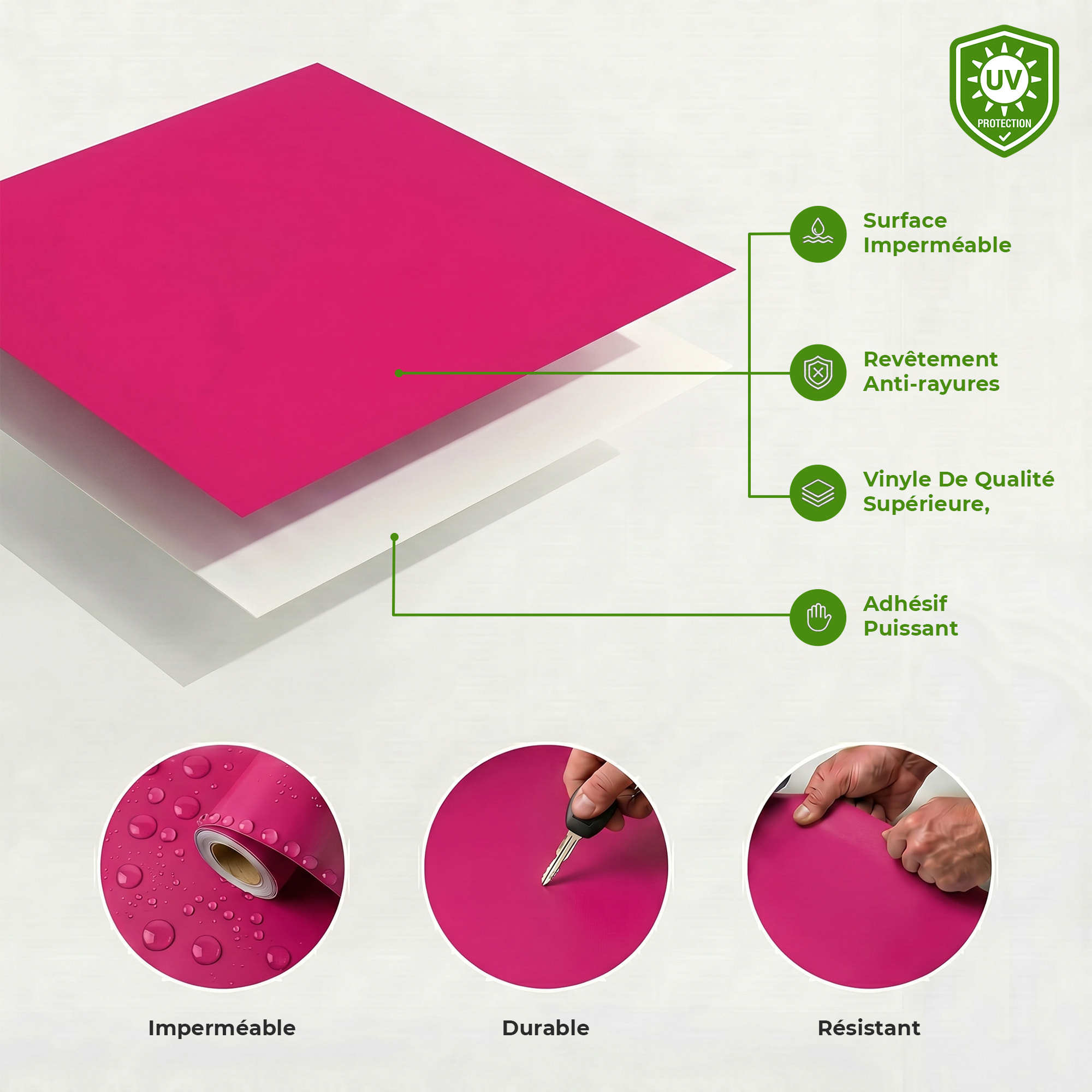 Rouleau adhésif décoratif Vinyle au Mètre - Fushia - Sticker Lavable Imperméable Mur Cuisine Meubles