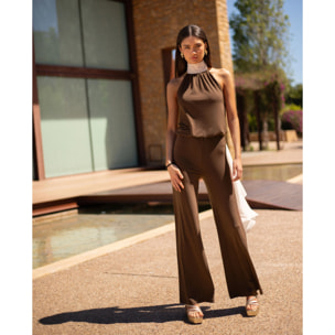 Mono largo de punto con cuello halter y pierna ancha