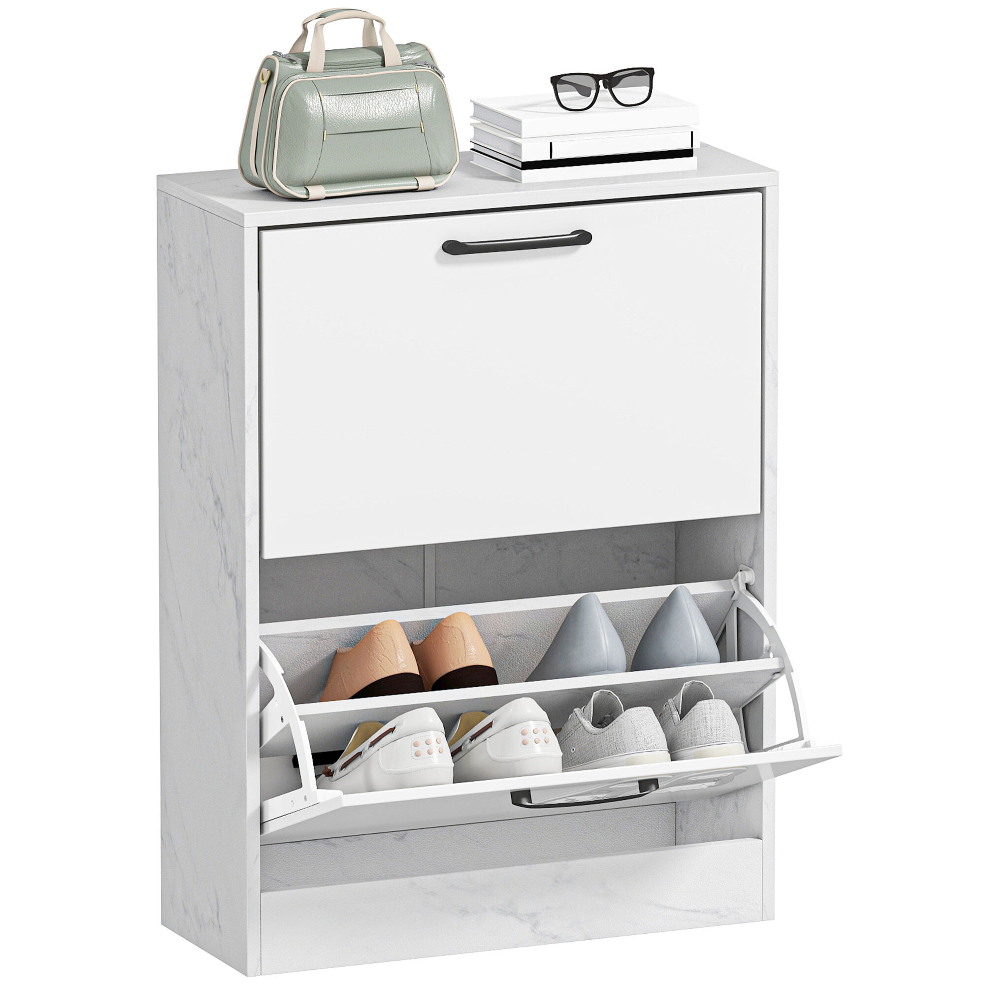 Zapatero Estrecho 2 Puertas de Alto Brillo, Zapatero Entrada Recibidor, Estantes Ajustables, Diseño Mármol, para 8 Pares de Zapatos, para Pasillo, Espacios Reducidos, 60x24x80 cm, Blanco