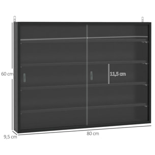 Vitrina de Pared Vitrina de Madera con Estantes Ajustables y 2 Puertas Correderas de Vidrio para Colecciones Perfumes Figuras de Decoración 80x9,5x60 cm Negro