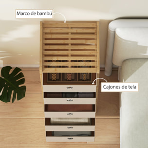 Cómoda con 5 Cajones de Tela, Cómoda para Dormitorio de Bambú, Cajonera para Espacios Pequeños, Salón, Oficina, Vestidor, Crema y Natural