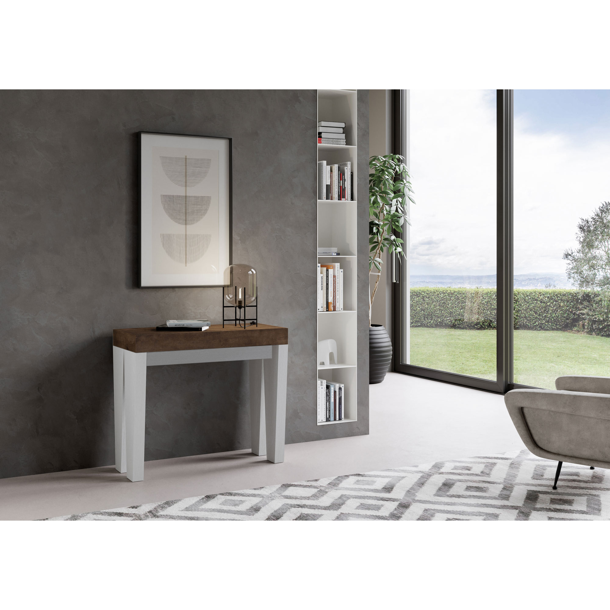 Console Spimbo Small cm.90x42 (extensible à 196) dessus Noyer structure Frêne Blanc