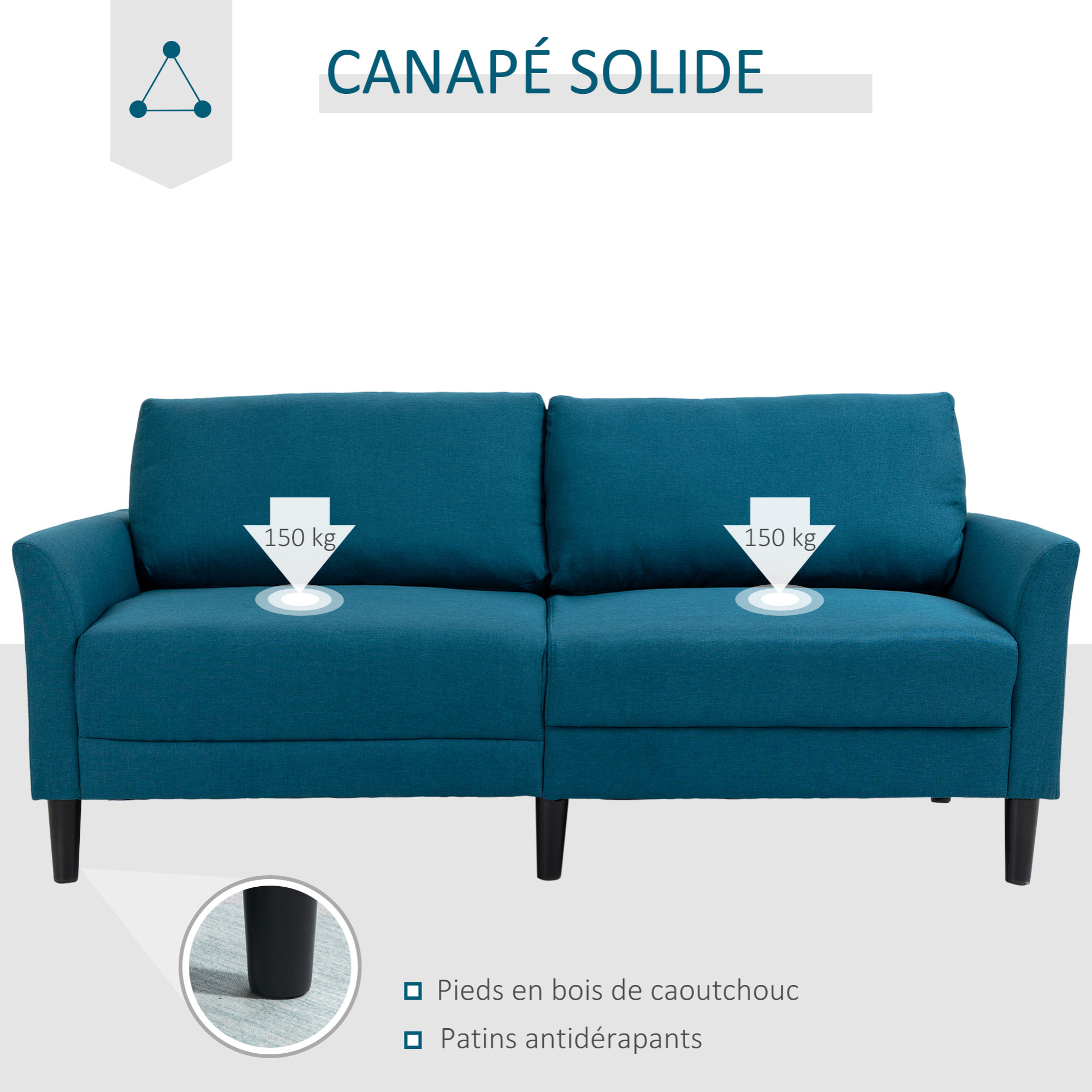 Canapé 2 places style contemporain assises larges profondes accoudoirs courbés piètement effilé bois hévéa noir polyester bleu canard