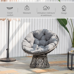 Fauteuil rond de jardin fauteuil papasan pivotant grand confort Ø 97 x 86H cm grand coussin fourni polyester résine tressée gris