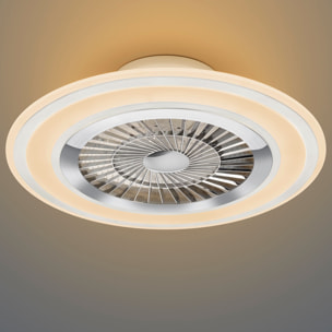 Flaga - Ventilatore e plafoniera LED Ø60 cm con bordo satinato bianco, telecomando, dimmer, timer, luce notturna ed effetto stelle