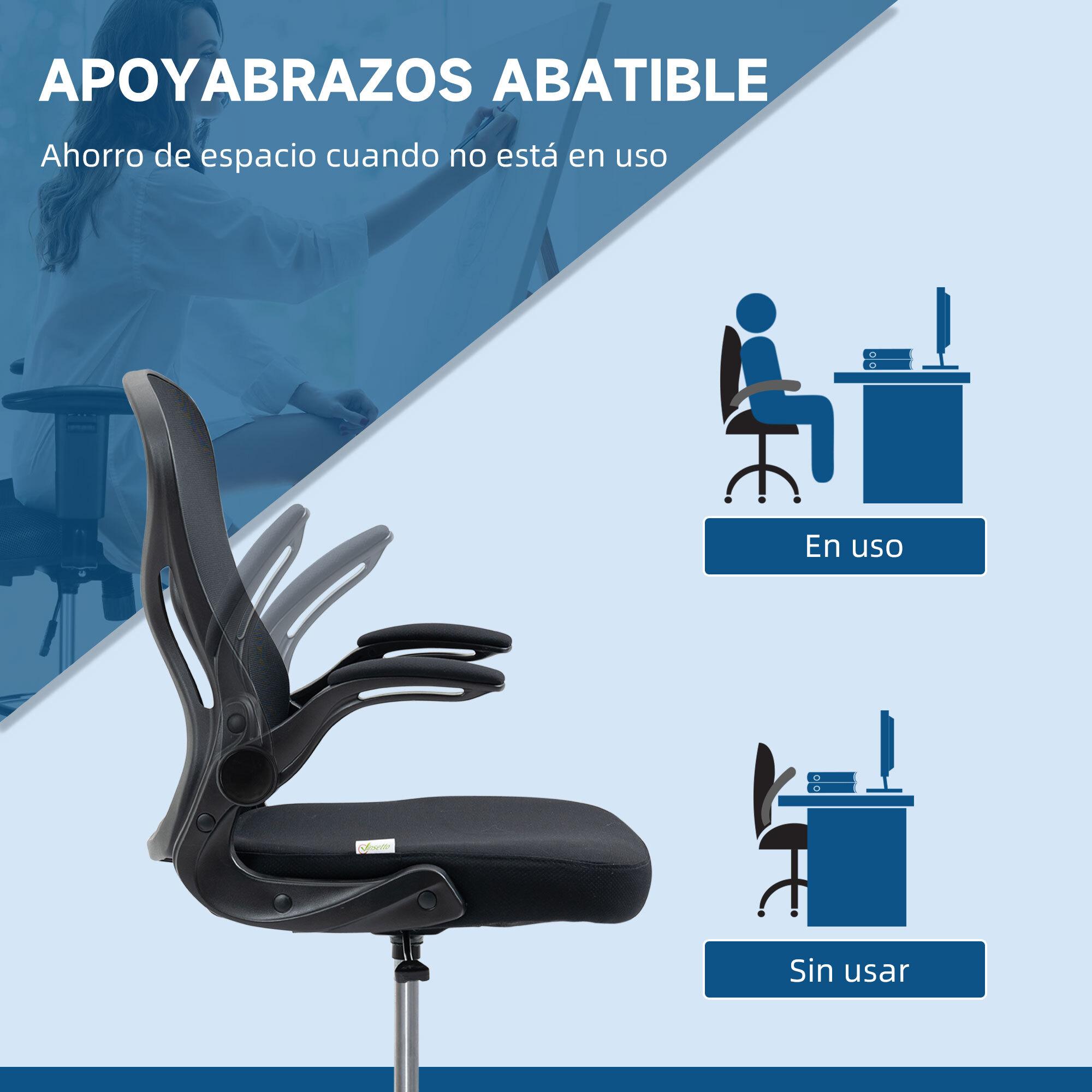 Silla de Dibujo Giratoria Silla de Escritorio Alta con Respaldo Medio Soporte Lumbar Reposabrazos Abatibles Altura Ajustable Carga 120 kg 59x65x102-122 cm Negro