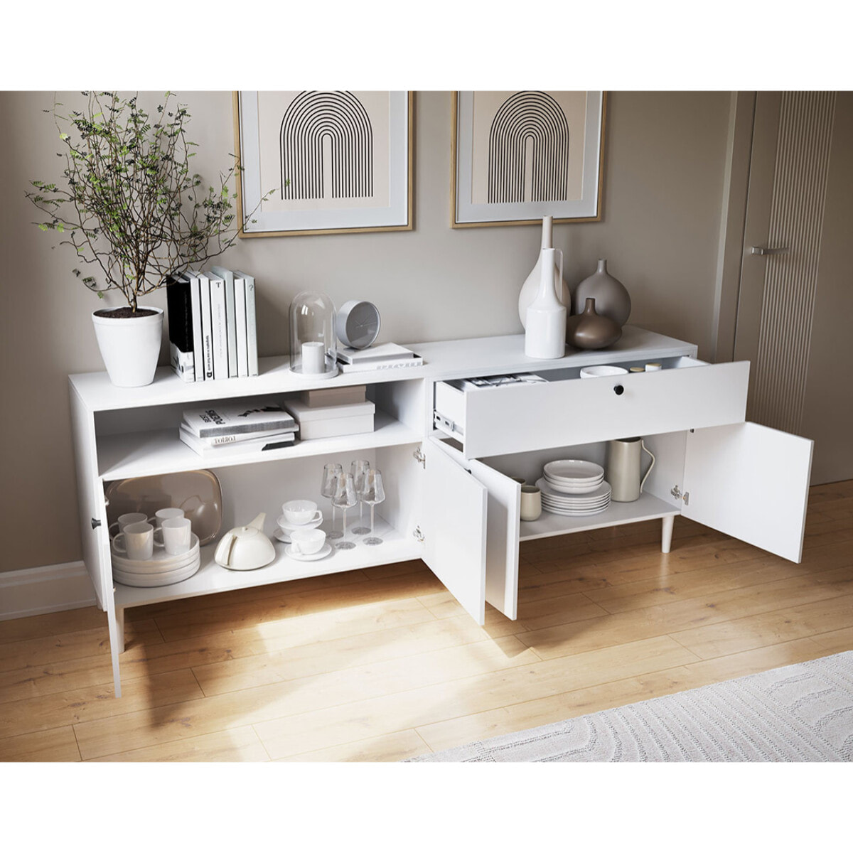 Gaby - buffet bas - blanc - 4 portes, 1 porte et 1 niche - 200 cm - Blanc