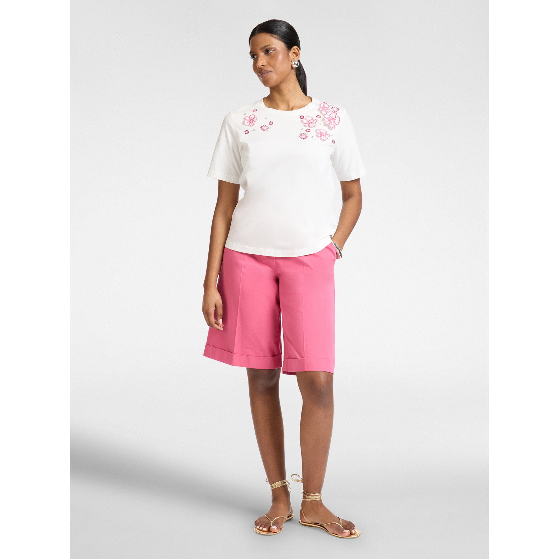Elena Mirò - T-shirt in cotone con ricami floreali - Bianco