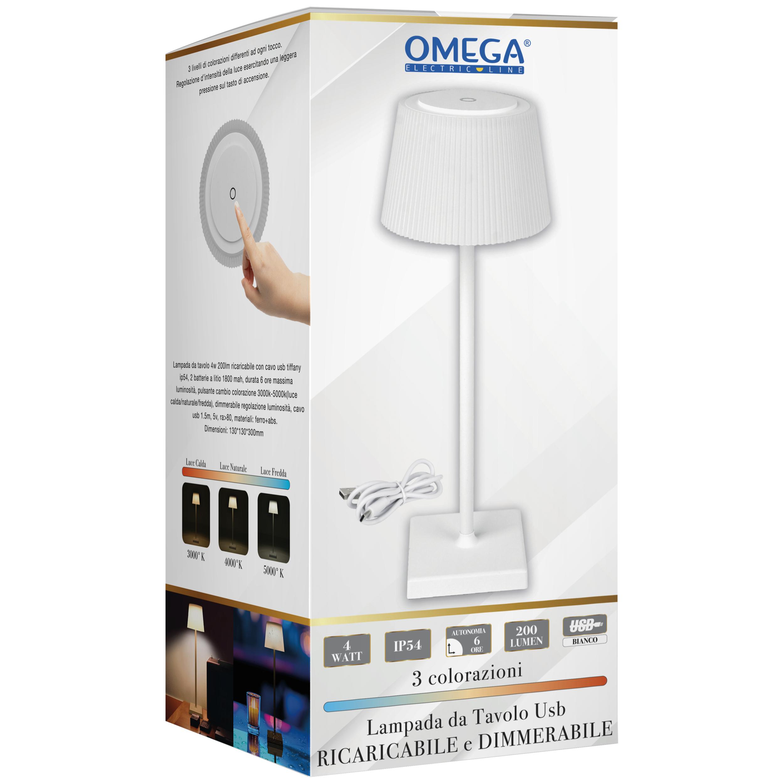 OMEGA Lampada da Tavolo 4W Ricaricabile con Cavo USB Bianca