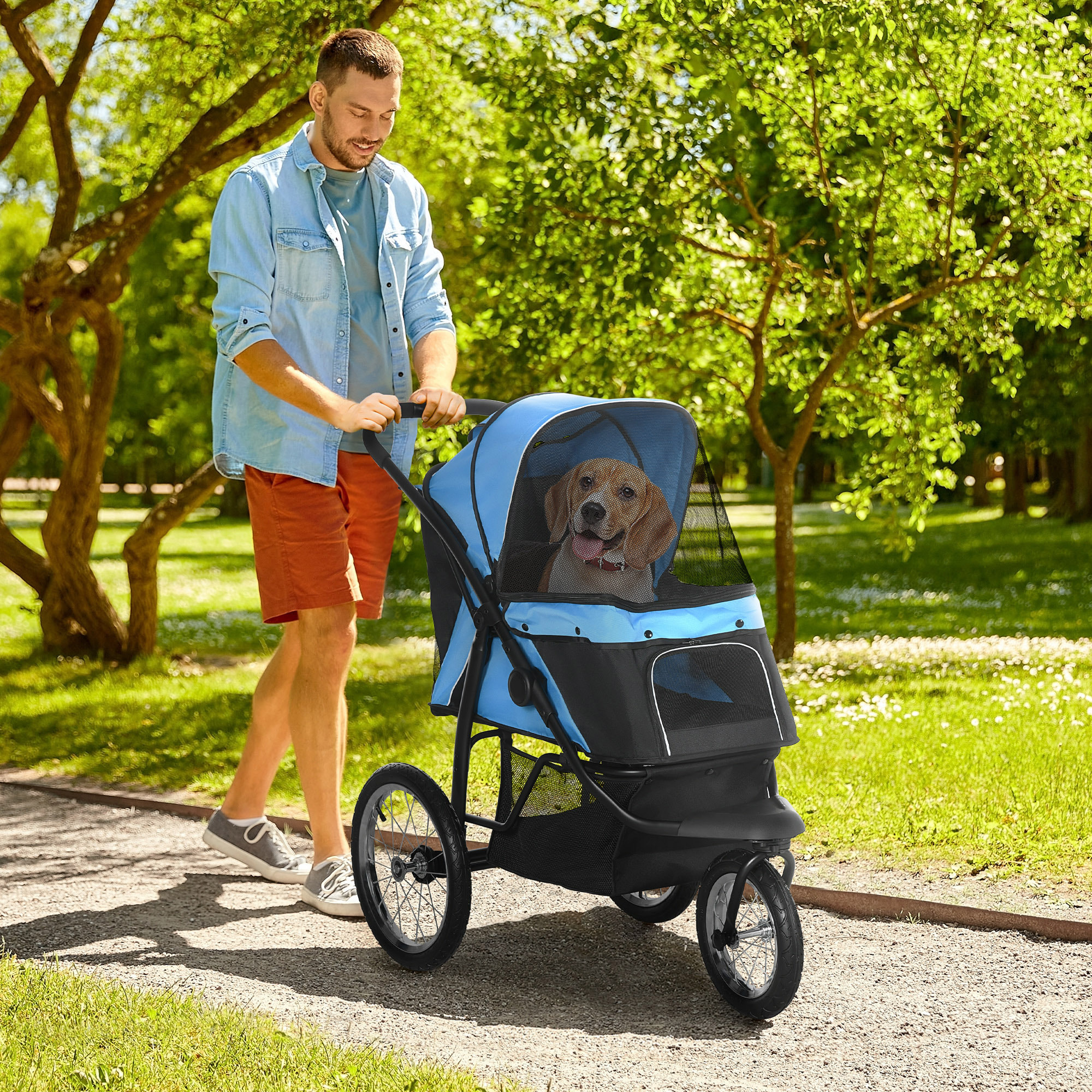 PawHut Carrito para Perros Plegable Cochecito para Mascotas Carrito para Perros Medianos Pequeños con Cesta de Almacenaje Capota Ajustable Ventana de Malla y 3 Ruedas Grandes 111x58x107 cm Azul