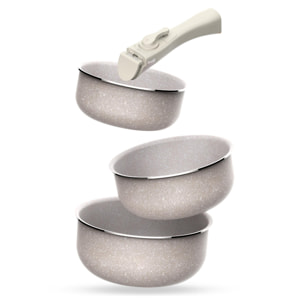 Juego de 3 cacerolas ø16ø18ø20cm aluminio prensado,recubrimiento ilag antiadherente,mango extraíble,apto inducción,sin pfoa,apto lavavajillas y horno