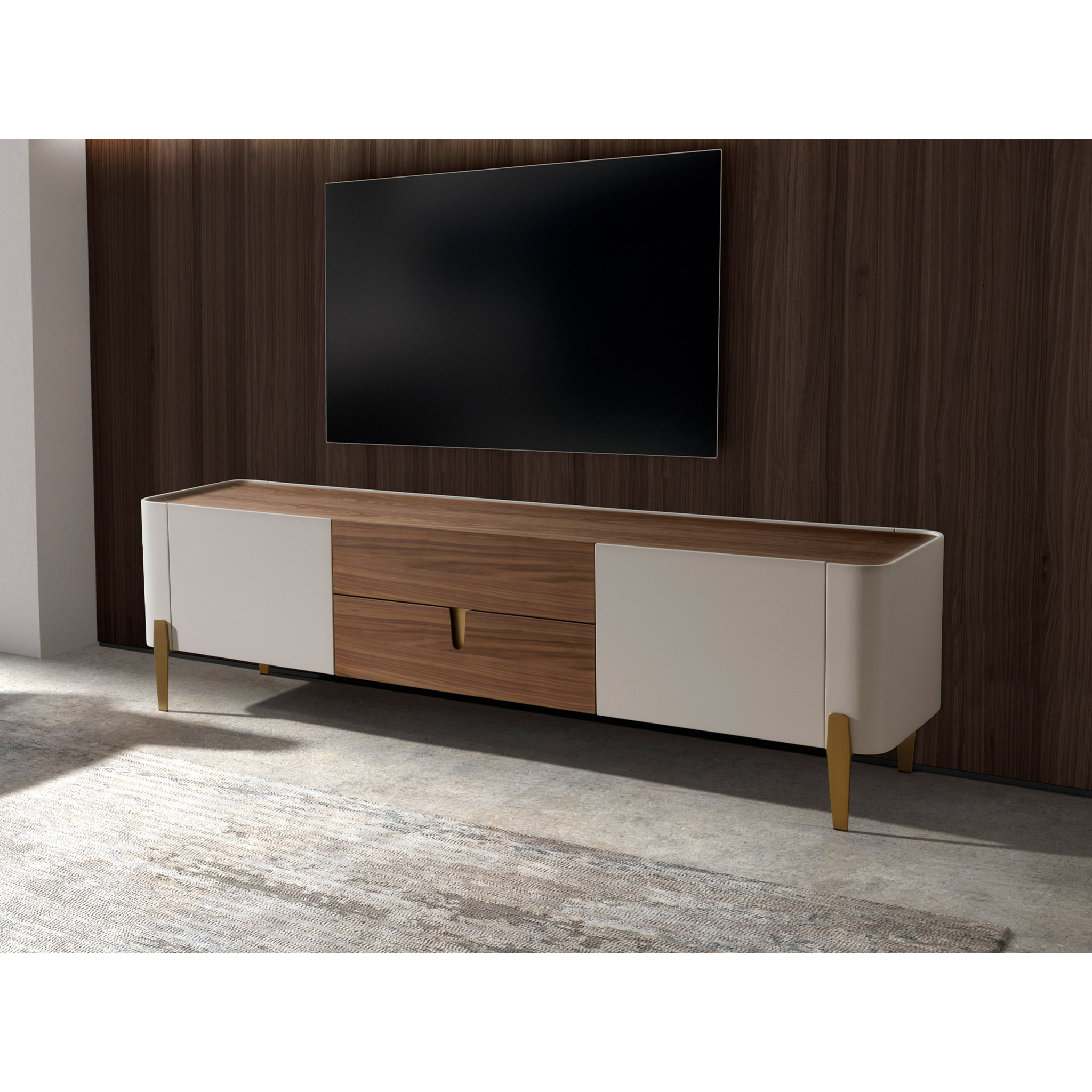 Mueble TV con estructura de madera chapada en nogal natural y madera MDF lacada en beige y unas patas de acero inoxidable pulido en dorado 200x47x54cm