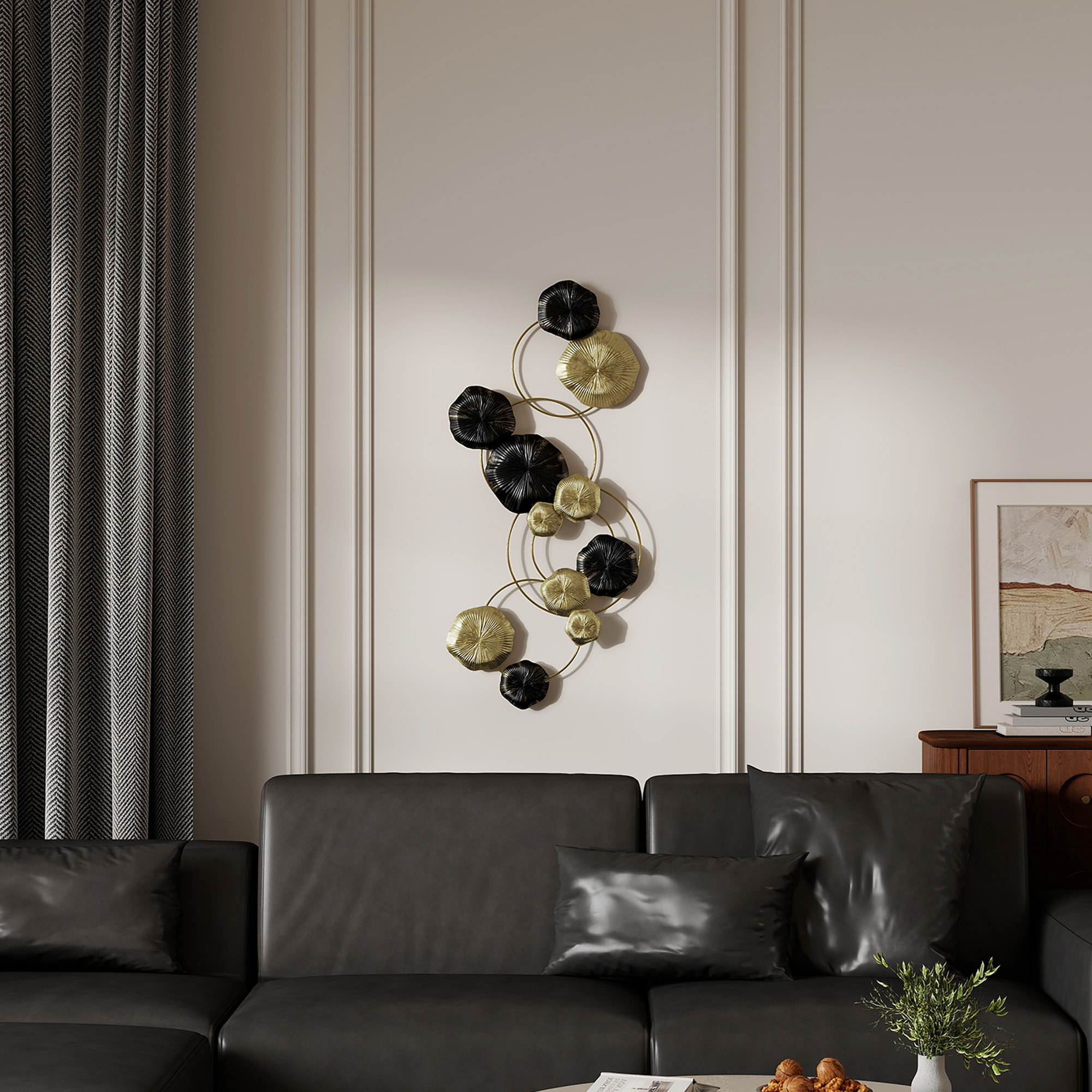 Décoration murale métal - décoration murale design feuilles de lotus - dim. 84 x 35 cm - doré noir