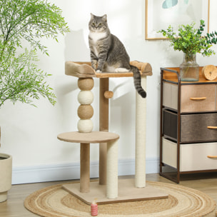 Árbol Rascador para Gatos, Árbol para Gatos 86 cm, Torre Escalador con Cama, Plataforma de Salto, Postes de Yute y Bolas de Juguete, Marrón y Beige