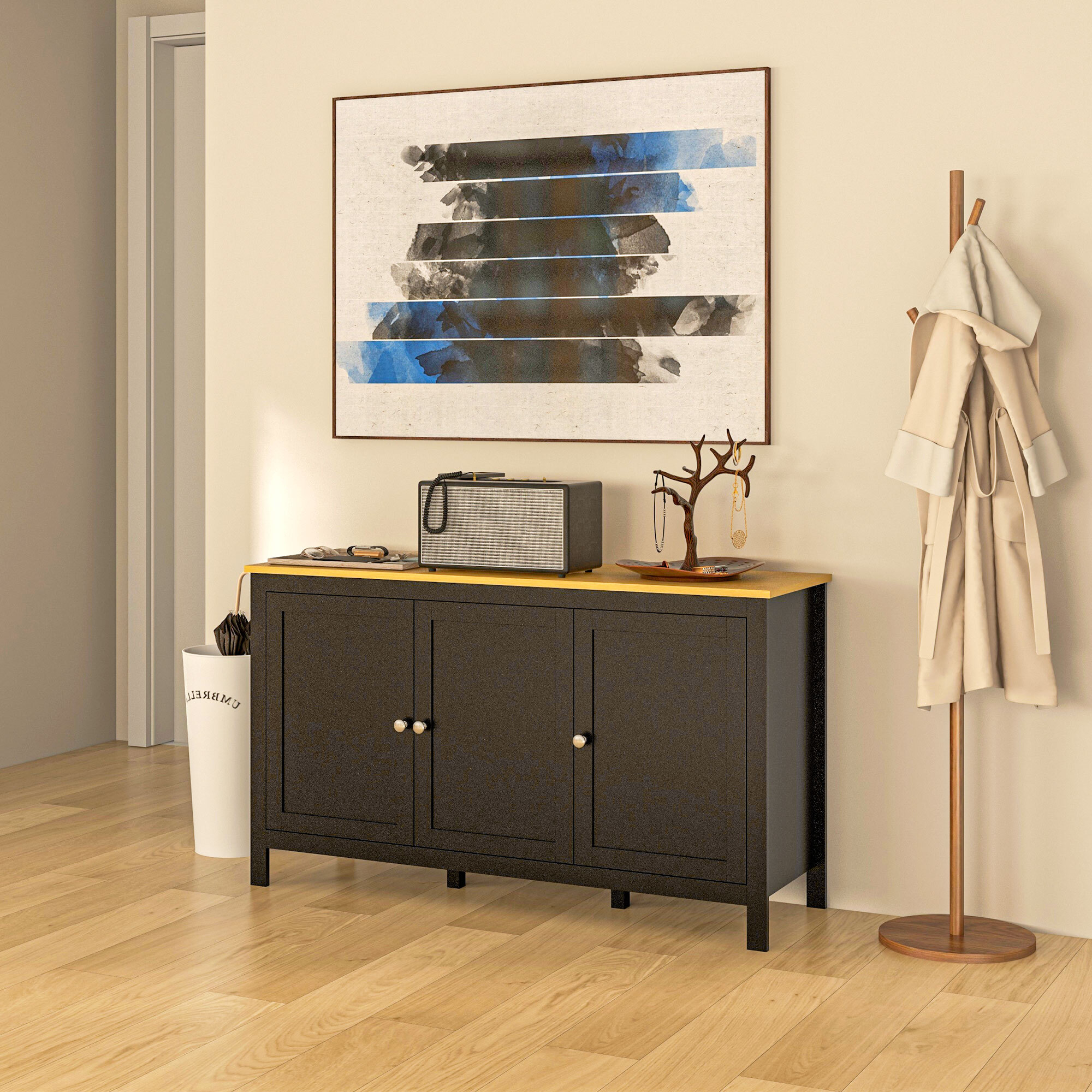 Buffet bas style classique chic - 3 portes, 2 étagères réglables - MDF panneaux noir aspect bois clair