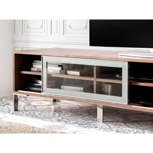 Mueble TV ARGEL - 2 estantes, puertas correderas cristal - nogal y plata - 240x55x50cm