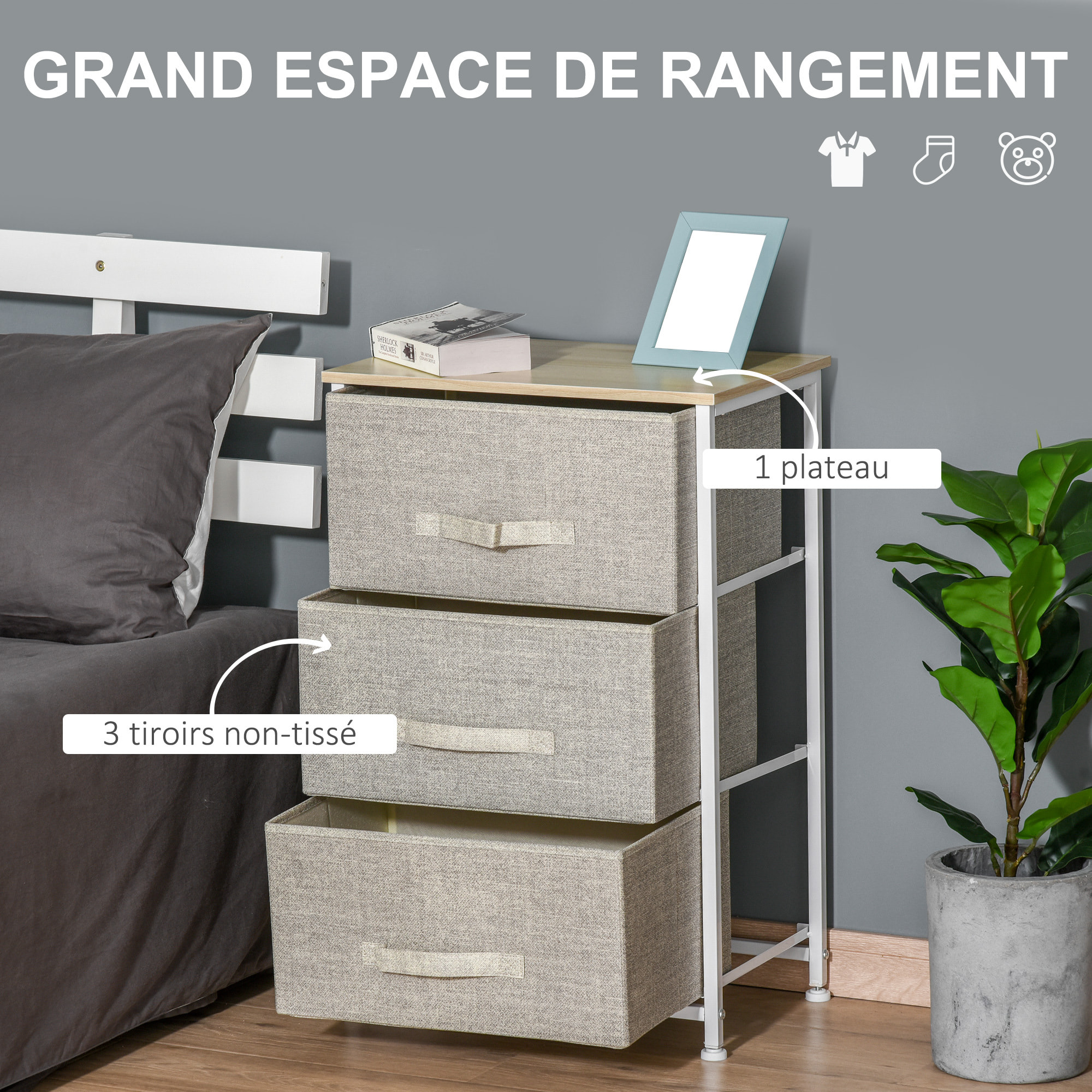 Rangement 3 tiroirs chiffonnier métal blanc effet bois clair non tissé gris clair
