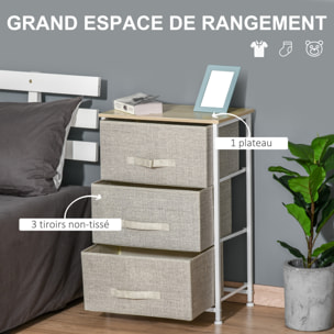 Rangement 3 tiroirs chiffonnier métal blanc effet bois clair non tissé gris clair