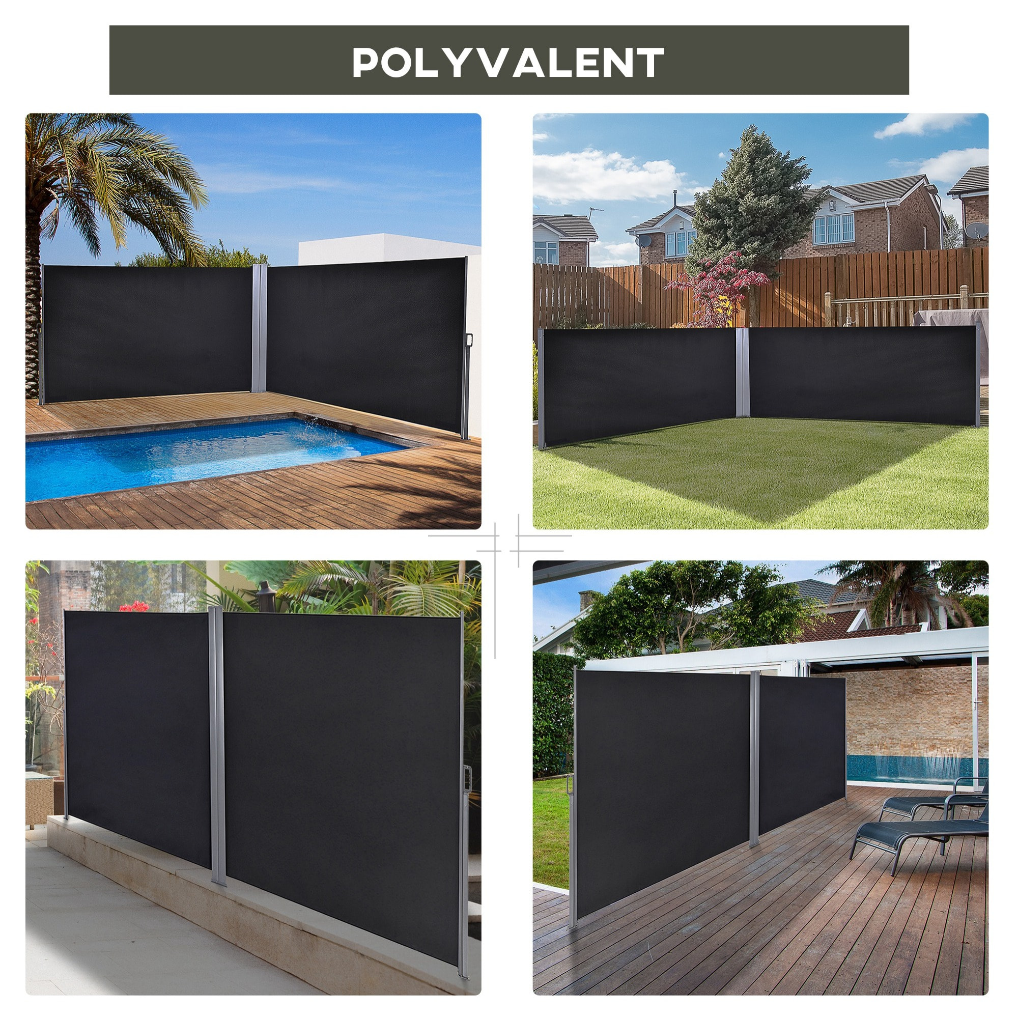 Double store latéral brise-vue paravent rétractable dim. 6L x 1,60H m polyester anti-UV haute densité noir