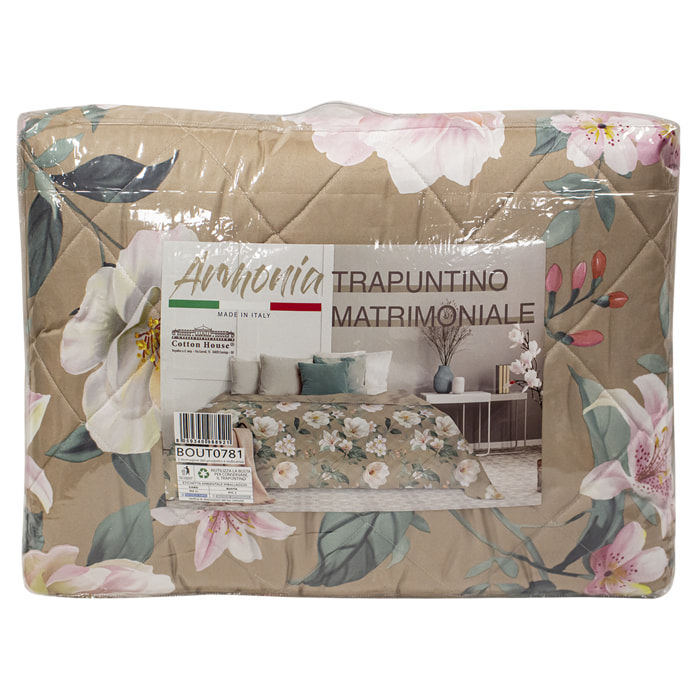 COPRILETTO TRAPUNTATO MATRIMONIALE DIS.FIORE PESCO BEIGE STAMPA DIGITALE MADE IN ITALY