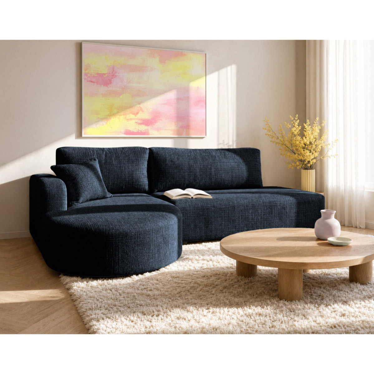 Miro - Canapé d'angle gauche 4 places convertible avec coffre en velours texturé - Bleu