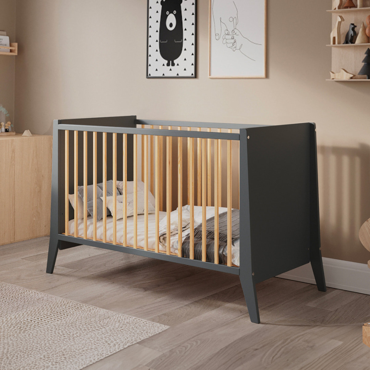 Lit Evolutif Timéo à barreaux 60 x 120 cm, Gris & Bois, En Bois, 3 Hauteurs, Barreaux amovibles