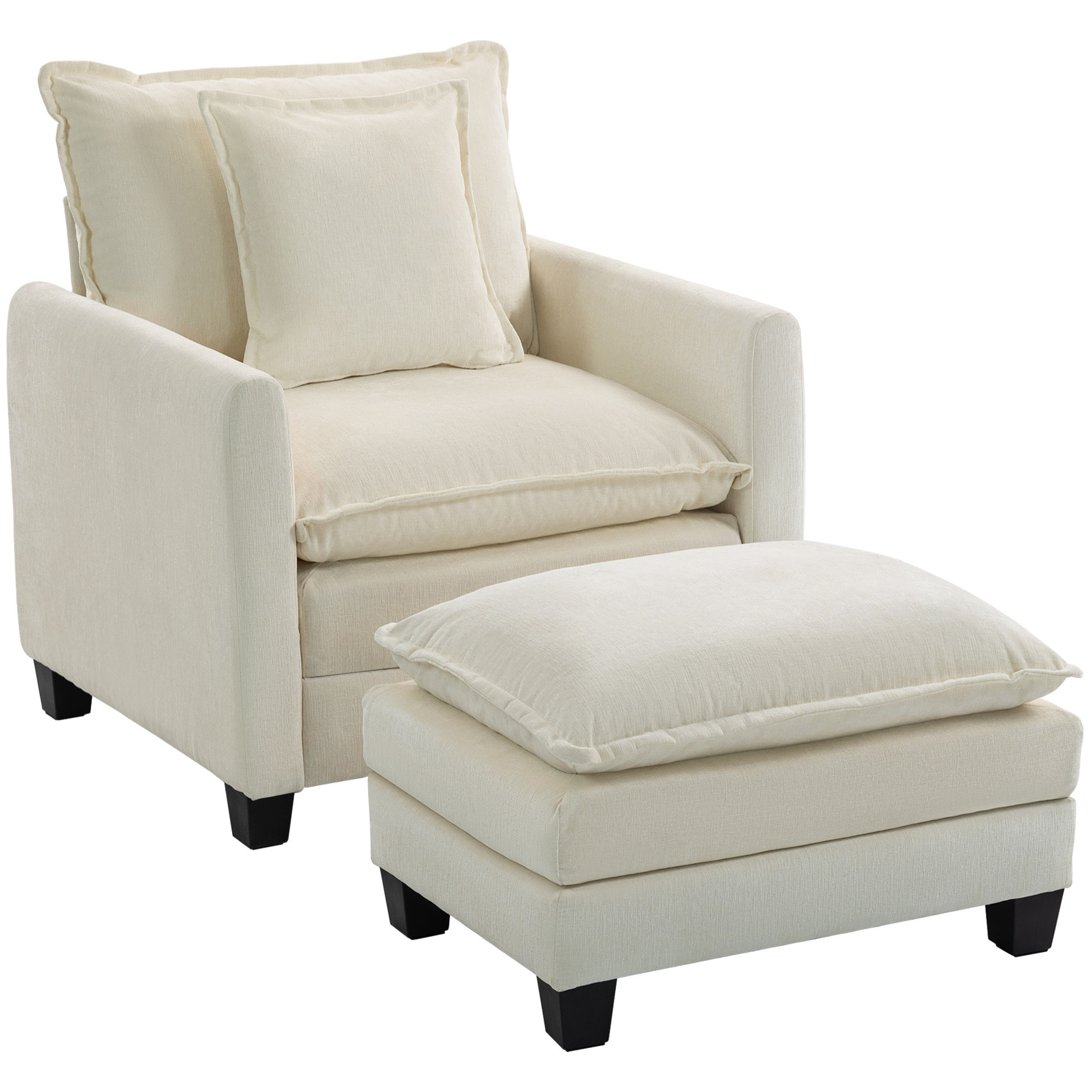Fauteuil salon avec repose-pieds grand confort tissu chenille crème