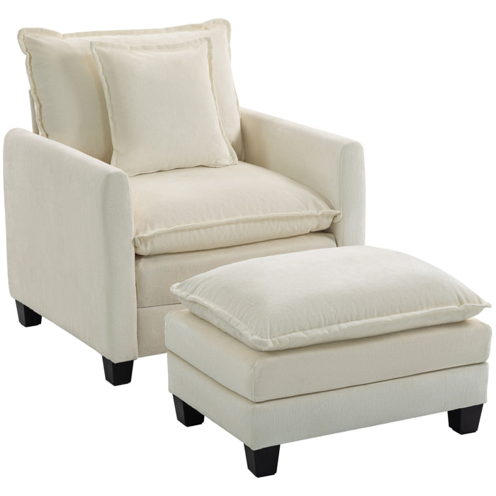 Fauteuil salon avec repose-pieds grand confort tissu chenille crème