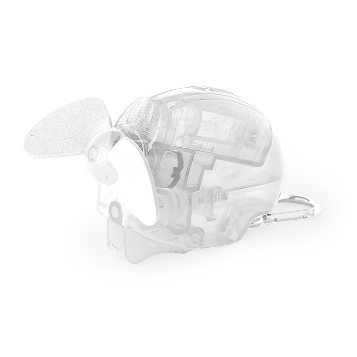 Ventilatore vaporizzatore portatile con serbatoio da 35 ml e spruzzo d'acqua. Include un moschettone per trasportarlo comodamente.