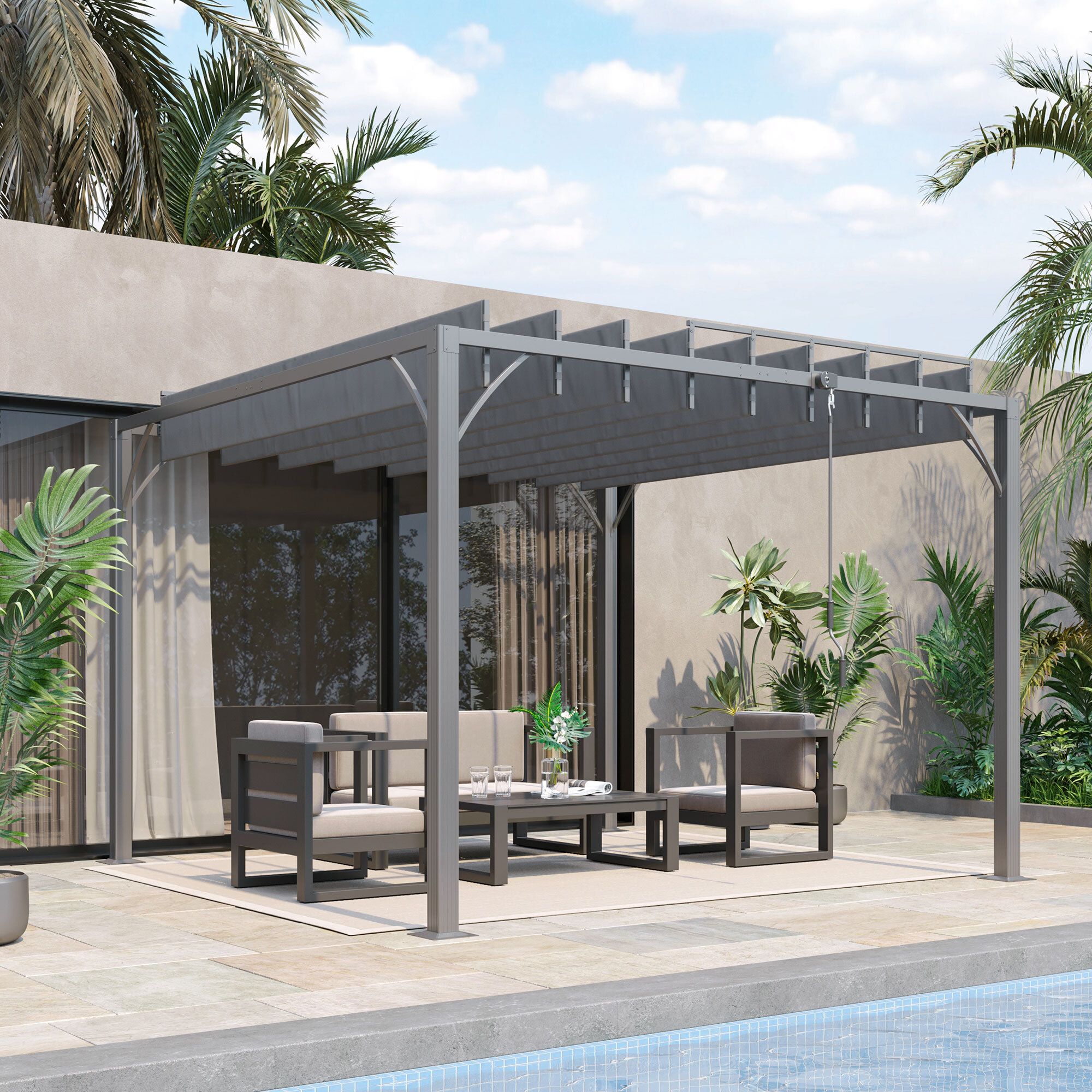 Pérgola 3x3 m Cenador de Jardín Gazebo con Diseño de Lamas Superior Giratorio hasta 135° Marco de Aluminio y Protección UV 50+ Pabellón para Patio Terraza Balcón Gris