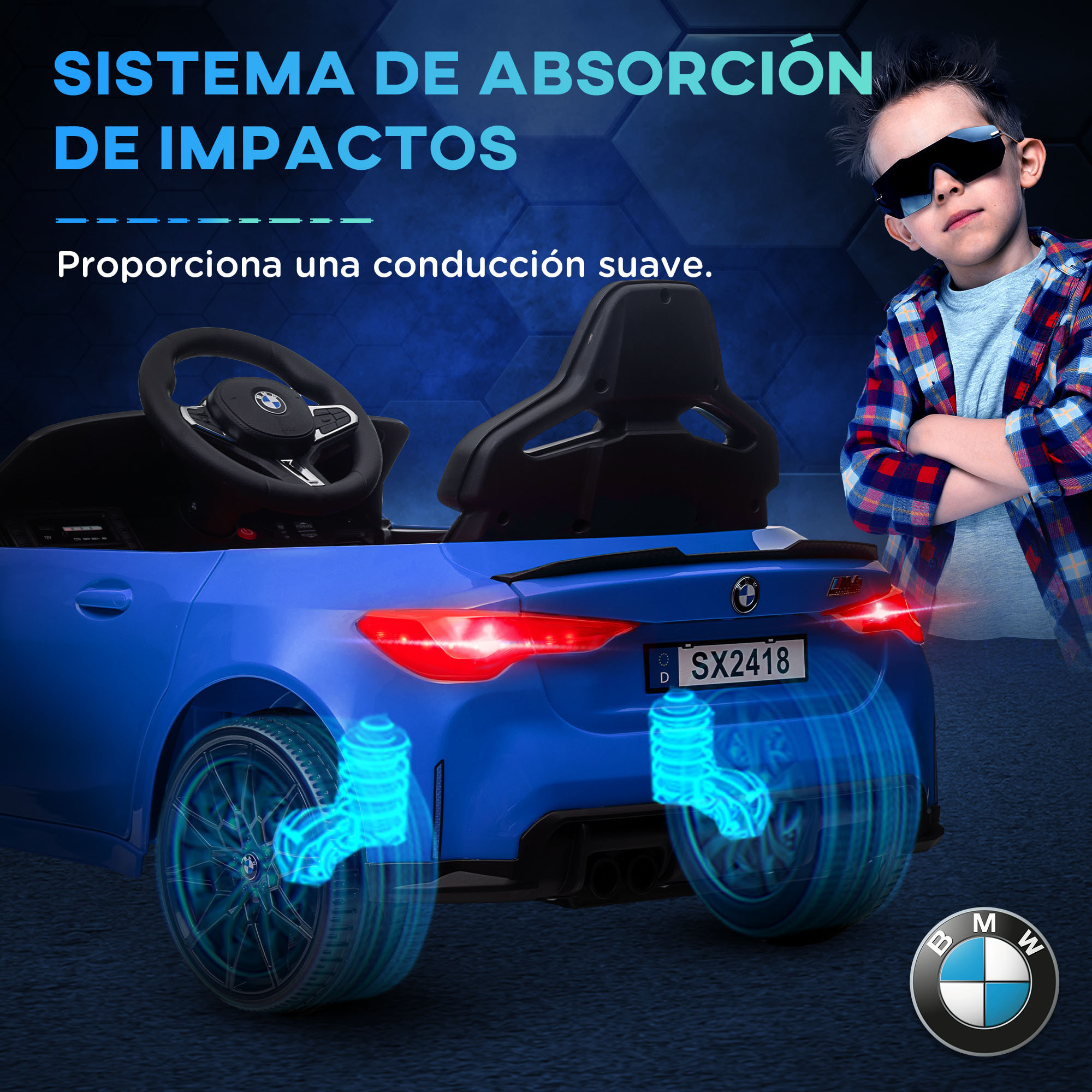 Coche Eléctrico para Niños12V BMW M4 Coche de Batería para Niños con Mando a Distancia Faros Bocina Música Velocidad 3-5 km/h Marcha Adelante y Atrás Cinturón de Seguridad Azul