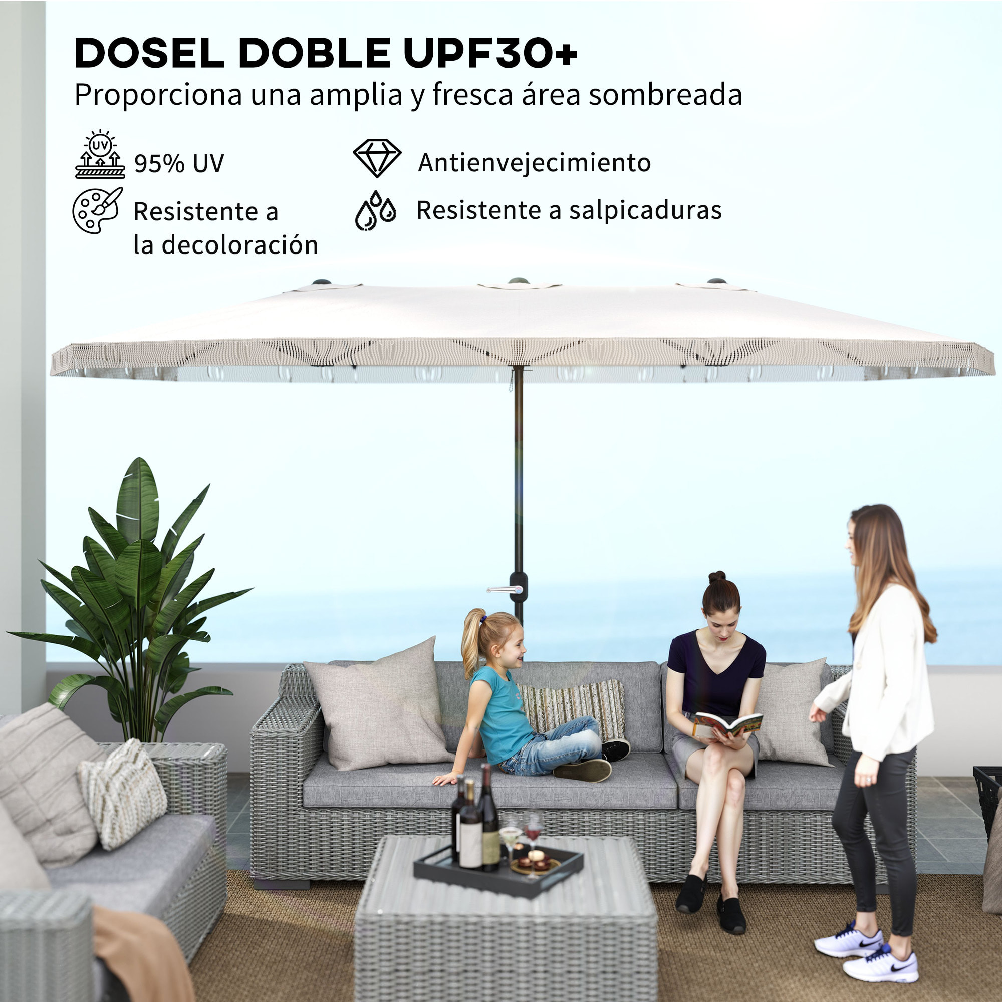 Sombrilla Doble 4,5x2,65 m Sombrilla Terraza Exterior con Manivela Manual Resistente al Agua y Protección UV30+ Sombrilla Grande para Terraza Playa Piscina Crema
