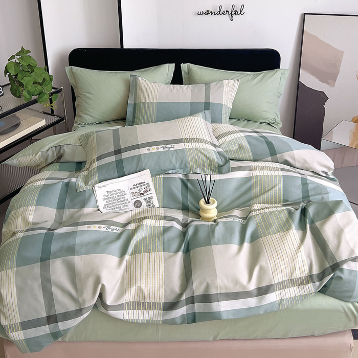 Parure housse de couette 100% percale de coton - carreaux vert