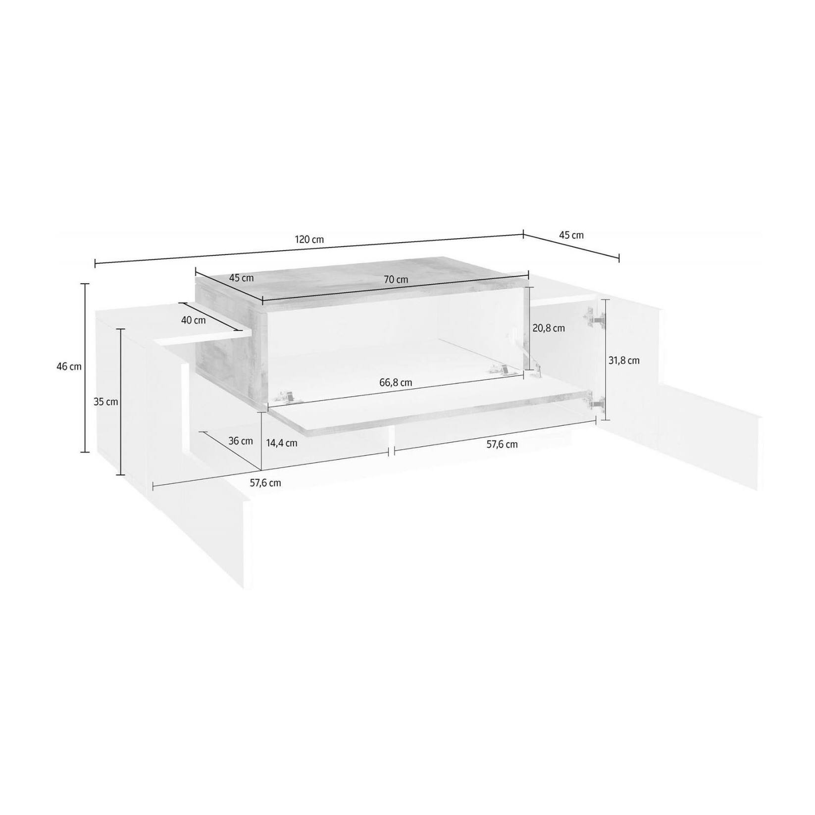 Mobile da ingresso a 3 ante, Made in Italy, Credenza da soggiorno, Porta TV, cm 120x45h46, colore Bianco lucido e Acero