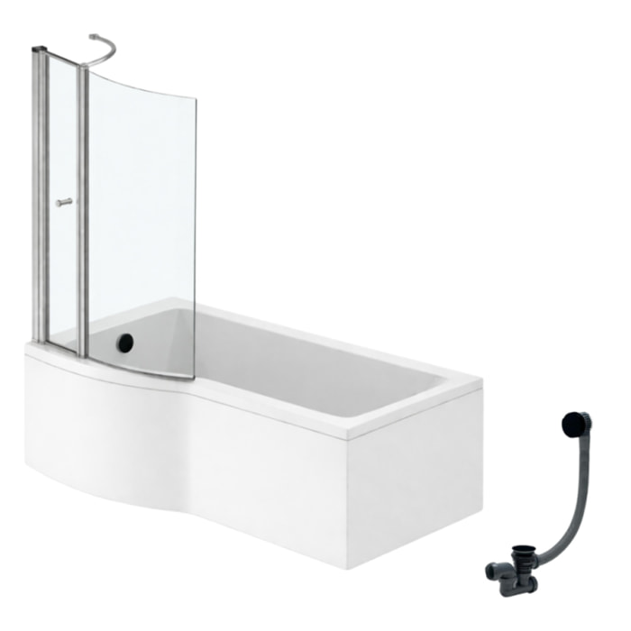 Pack baignoire bain douche 150 x 80 cm gauche Connect Air + tablier + pare bain avec volet + vidage Noir mat