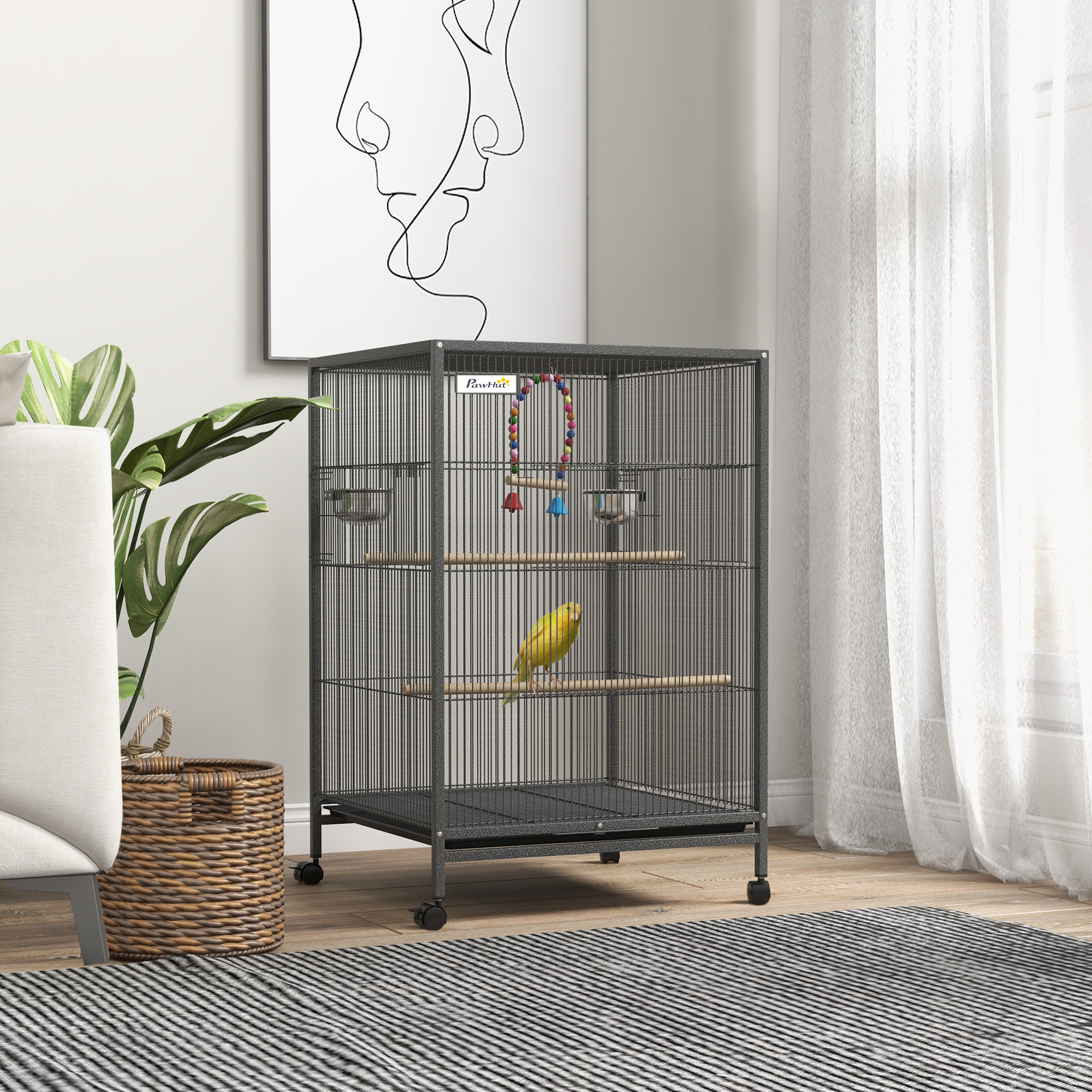 Cage à oiseaux sur roulettes - volière mobile - nombreux accessoires - dim. 48x46x74cm - acier époxy gris noir