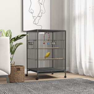 Cage à oiseaux sur roulettes - volière mobile - nombreux accessoires - dim. 48x46x74cm - acier époxy gris noir