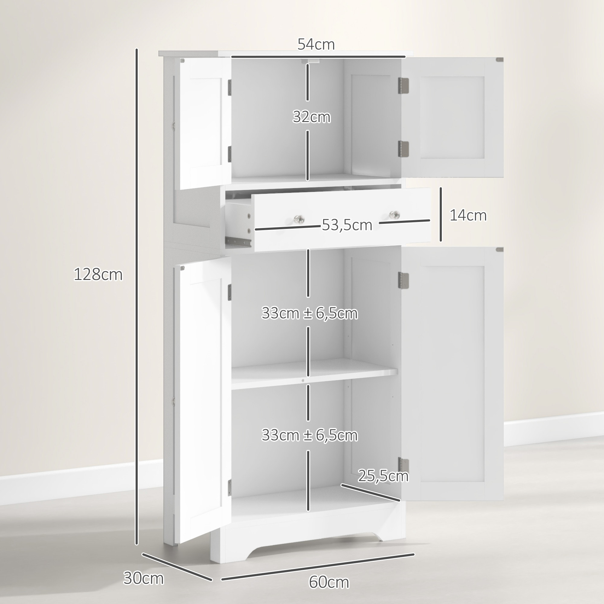 Armoire buffet cuisine - 4 portes, étagère, tiroir - dim. 60 x 30 x 128 cm - blanc