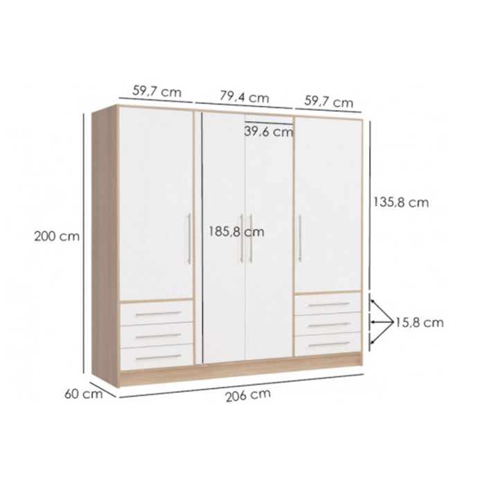 Armoire dressing 4 portes décor blanc et chêne sonoma - VENUS