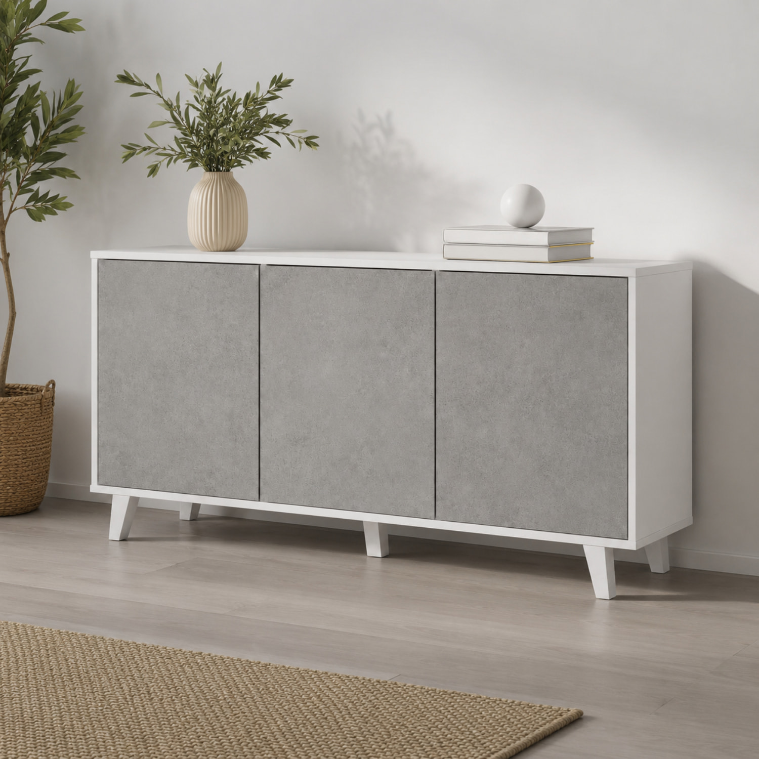 Credenza Moderna Madia 3 Ante Senza Maniglie Design Minimal Con Piedini RialzatiPer Soggiorno Ingresso 154 x 72 x 40 Cm Bianco e Grigio Cemento