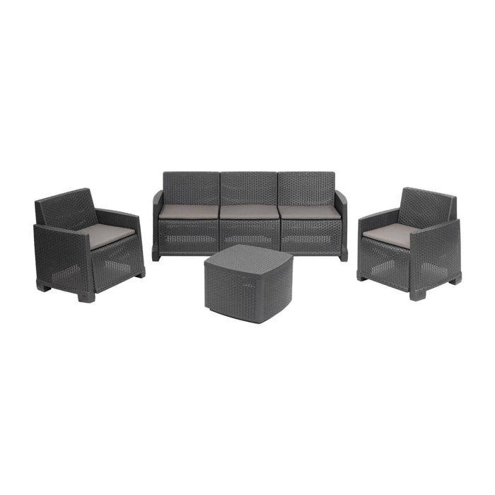 Set salotto da esterno Akay, Composizione da giardino con 2 poltrone, 1 divano e 1 tavolino contenitore, Effetto rattan con cuscini, 100% Made in Italy, Antracite