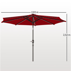 Sombrilla Terraza Exterior con Luces LED Solares Ø292x252 cm Sombrilla de Jardín con Inclinación Ajustable hasta 45° Impermeable y Manivela Parasol para Patio Piscina sin Base Burdeos